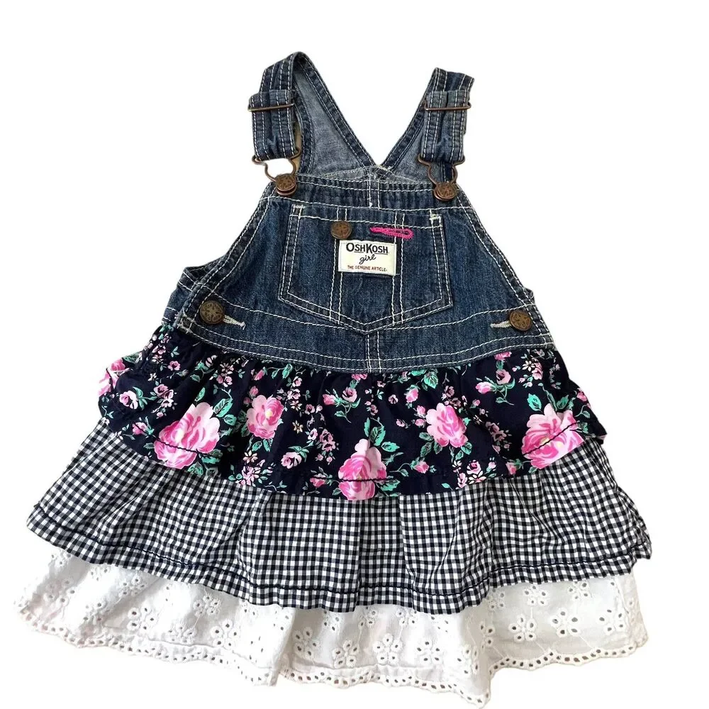 Oshkosh B'gosh Denim Dress Layered Floral Gingham Eyelet Layers‎ 18 months